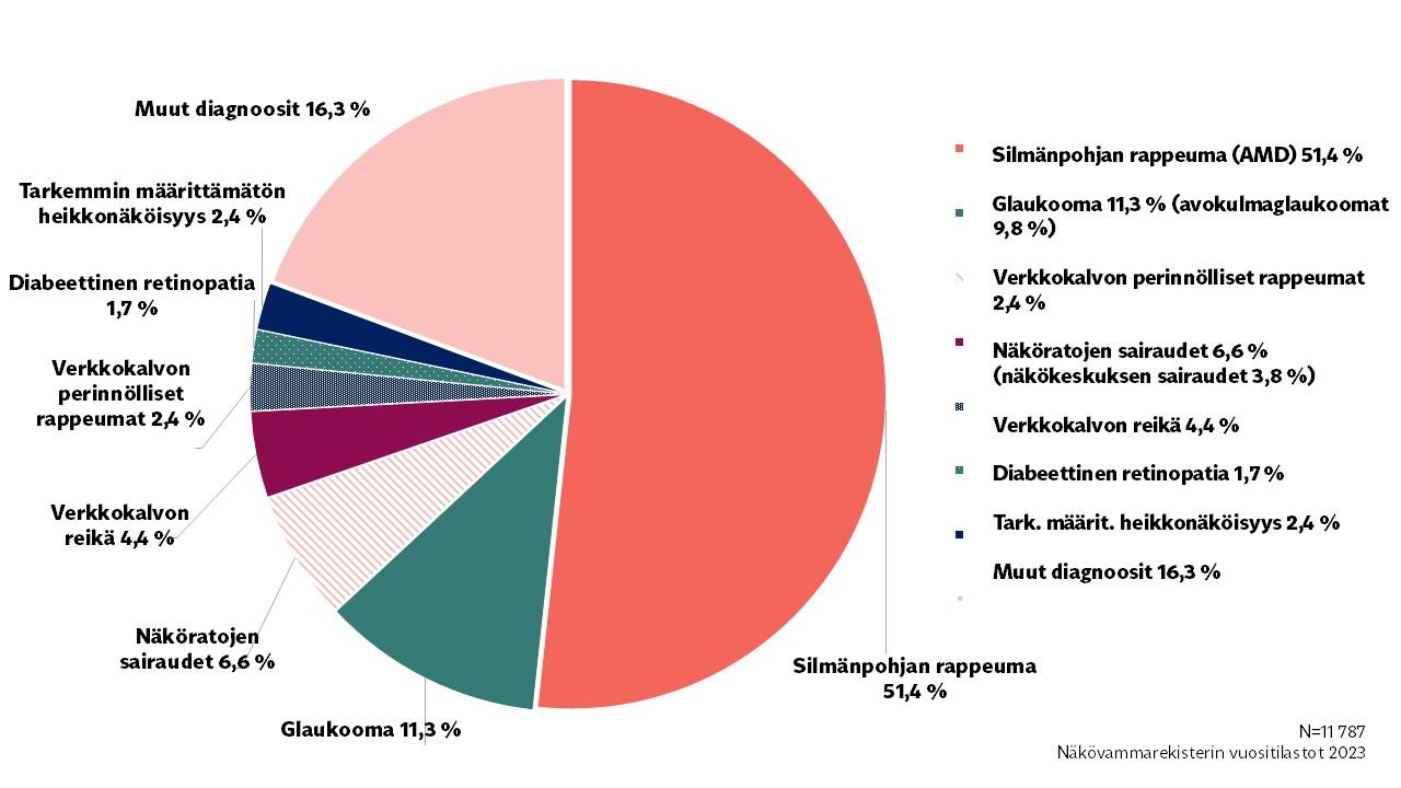 Ikääntyneiden eli yli 65-vuotiaiden näkövammarekisteriin rekisteröityjen näkövammadiagnoosit vuonna 2023